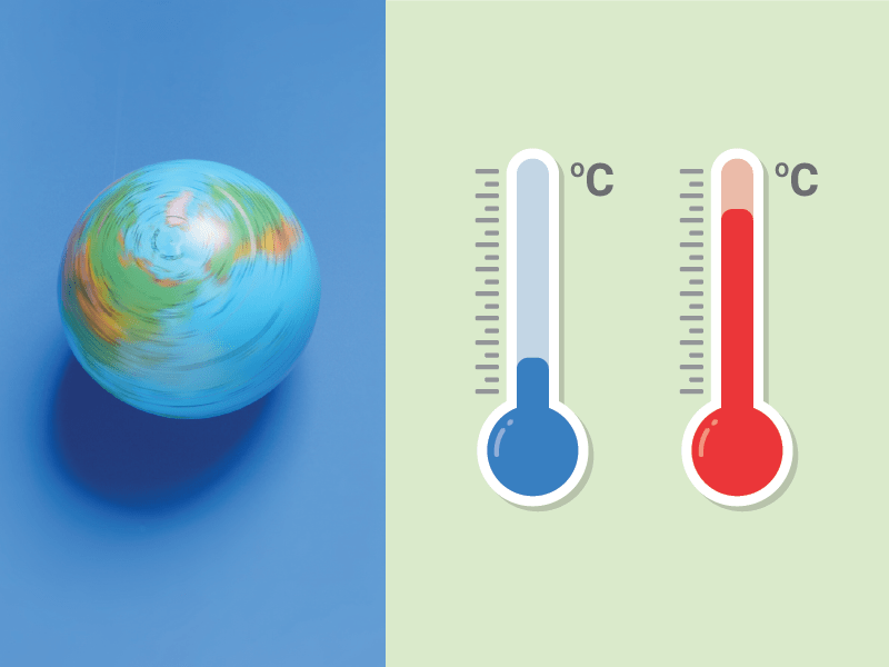Earth on one side with two thempoters showing cold and hot illustrating different climates around the world.