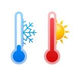 A pair of thermometers with one how with the sun icon and one cold with snowflake icon showing rapid temperature change 